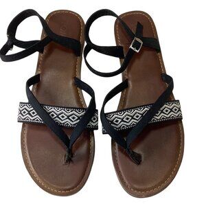 TOMS Lexie Geometric Tribal Aztec Embroidered Sandals 11 Black Silver White 277B